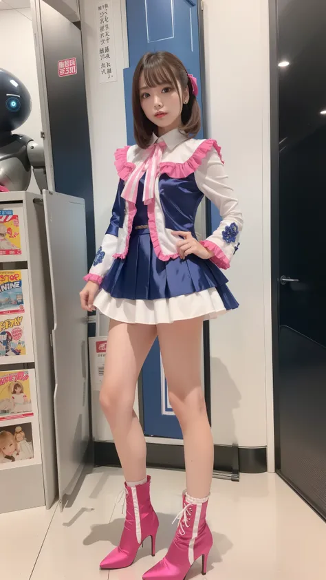 Costume like a idol, blue and white half sleeve Jacket, pink satin ruffled blouse, White and pink stripe pleated skirt, white lace up boots