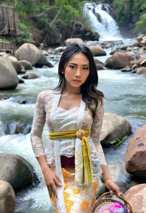 1girl, 25 year old, long hair, black hair, white skin, asian, wearing kebaya, looking at audience, washing clothes on river, rocks on river, mountain background, detailed eyes, detailed face, different style, 8k, ultra high detail, photo realistic