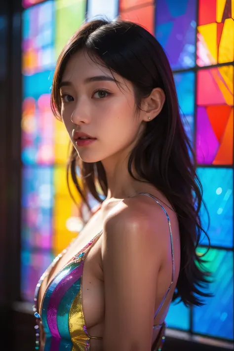 highest quality, 8K resolution, masterpiece, Professional photography, One Japanese woman, 28 years old, Upper Body View, The background is colorful stained glass, Enchanting atmosphere, contemporary scene, Rainbow Glass