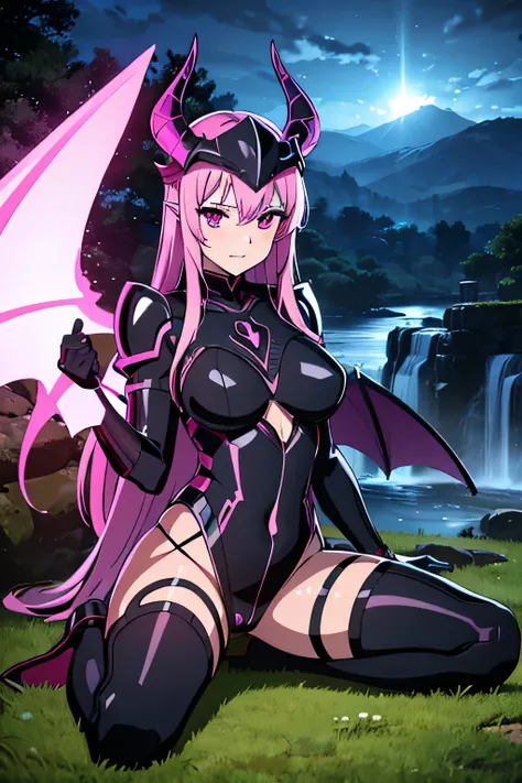 ((high resolution)), ((8k)), a beautiful girl, full body, sitting sexy, warrior, helmet with two horns, sexy, cute face, beautiful face, wearing sexy armor, hand placed on pussy, hand in pussy, with dragon wings, black wings with pink, in a castle, with la...