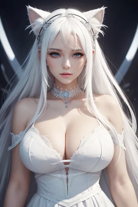 White hair, white dress with accessories, goddess, god, beautiful, beautiful woman, cat ears, long white hair, White hair, white dress with accessories, goddess, god, beautiful, beautiful woman, cat ears, long white hair Masterpiece 2K very realistic Big t...