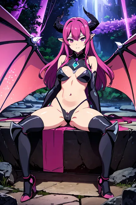 ((high resolution)), ((8k)), a beautiful girl, full body, sitting sexy, warrior, helmet with two horns, sexy, cute face, beautiful face, wearing sexy armor, hand placed on pussy, hand in pussy, protruding pussy, with dragon wings, black wings with pink, in...