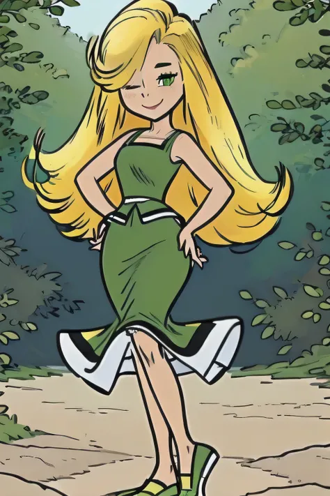 1girl, solo, blonde hair, long hair, dress, green dress, full body, hands on hips, forest, river, standing, shoes, bare shoulders, green footwear, smile, wink