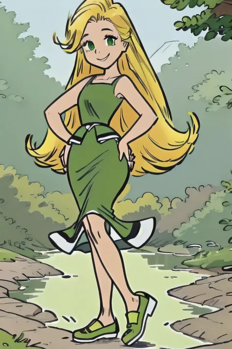 1girl, solo, blonde hair, long hair, dress, green dress, full body, hands on hips, forest, river, lake, standing, shoes, bare shoulders, green footwear, smile, green eyes