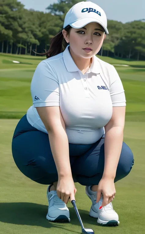 1 female, Overweight, extremely fat, ((Chubby)), white golf wear, Golf Course, Japanese, 8K, highest quality, 超High resolution, (Surreal)、(High resolution)、(8k)、(Very detailed)、(Very detailed)