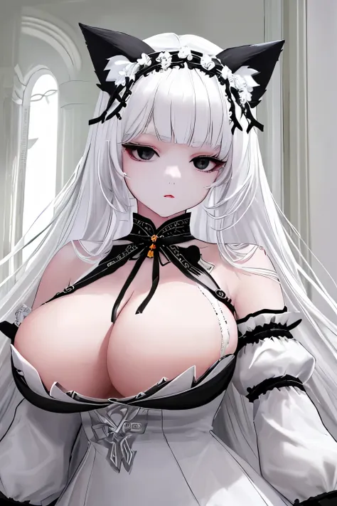  Goddess, God, Accessories, Black Cat Ears white dress White dress sleeves between the elbows Good looking Masterpiece big breasts Beautiful face open bust dress chest jewelry beautiful white hair black eyes black waist dress