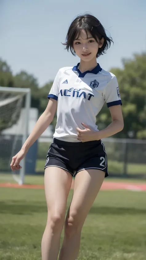 ((face the front of the camera:2.0)), (Clothing:2.0, Soccer uniforms:2.0, Shorts:2.0), (Outdoor soccer court:1.5), (Wet:1.5), ((A grin:1.2, short hair:1.2, slender:1.5, Small Ass:1.5)), ((Japanese, 1 Girl, 18-year-old, 7 heads, Ideal body proportions, Blac...