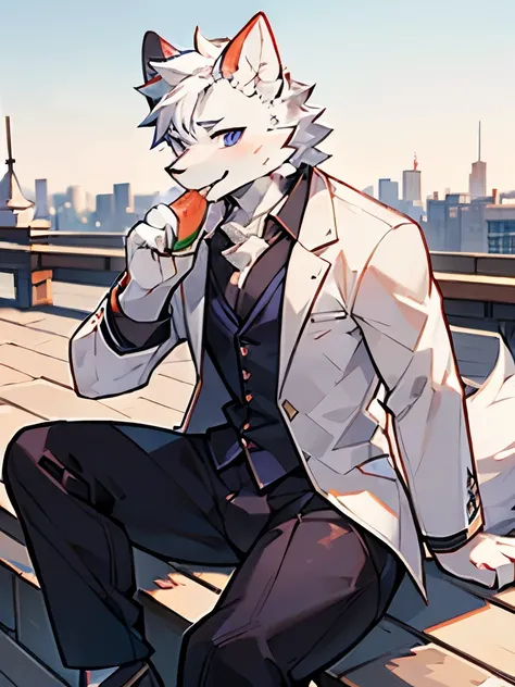 Exquisite lines，best quality。White Wolf Orcs，male，Wearing a white coat，Black trousers，Purple pupils，Background City，daytime，Sit on the rooftop，Eating watermelon