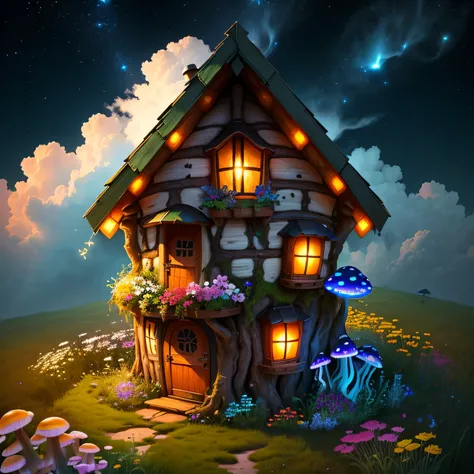 (Swirling clouds and colorful flowers), (Wild Firefly Fantasy Mushroom House), (Midnight), (Unusual), (Mysterious), (that&#39;Ridiculous)、rain、rain、rain、 dream-like, Disney, paint:Thomas Kinkade, Art Station, Sharp focus, Inspiring 8k wallpapers,