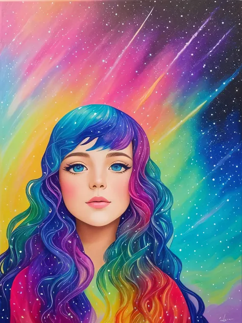 a painting of a colorful sky with stars and a lake, ✏️🎨, rainbow aurora, infused with aurora borealis, detailed acrylic painting, astral aurora, jen bartel, acrylic paint on canvas, beautiful aesthetic art, with aurora borealis in the sky, “ femme on a gal...