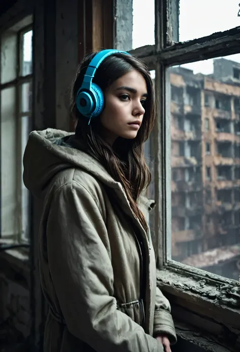 image of a sad beautiful girl dressed in coat and hood standing with arms crossed looking at a window inside a dark, dilapidated...