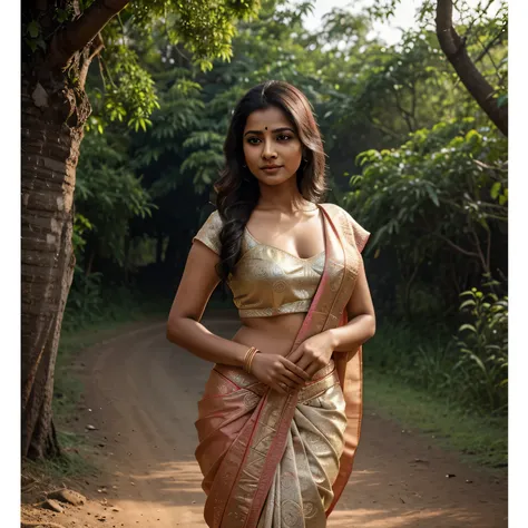 A charming Indian woman of incomparable beauty is captured in a full-body shot. Her soft dimples and realistic expression lines add authenticity to her look. The suns rays illuminate her skin, highlighting her beauty. She is wearing saree, sari Beauty, gor...