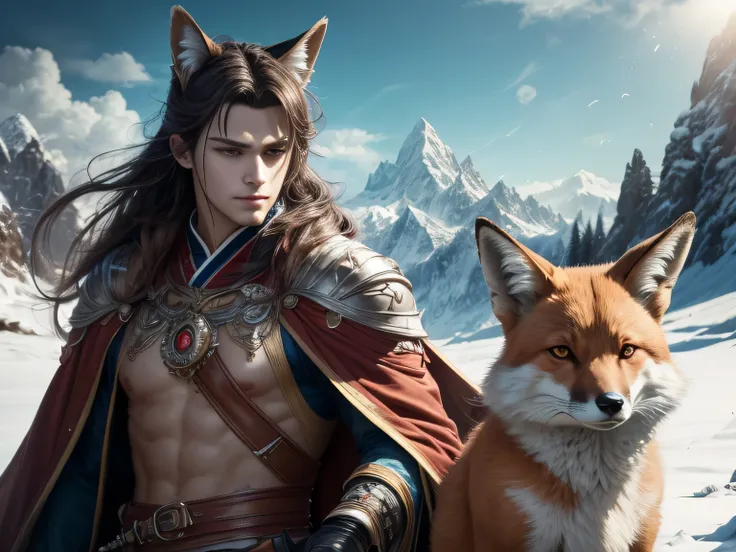 (Best Quality, 8K, Masterpiece, HDR, Soft Lighting, Picture Perfect, Realistic, Vivid), Black-haired guy with fox ears and baby fox animal lie on the snow, on the mountainside, Anime Illustrations, Beautiful Illustrations, Exquisite Digital Illustrations, ...