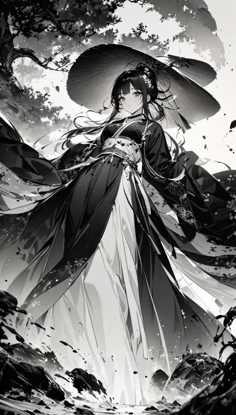 中国ink画，ink，soil，the beauty of hanfu，fairy air fluttering，black and white，black and white art，8k，ultra-fine，rich details，masterpi...