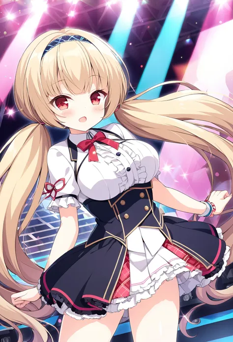 nishinoayane, red eyes, long hair, blonde hair, hairband, twintails,, large breasts,, live stage, solo