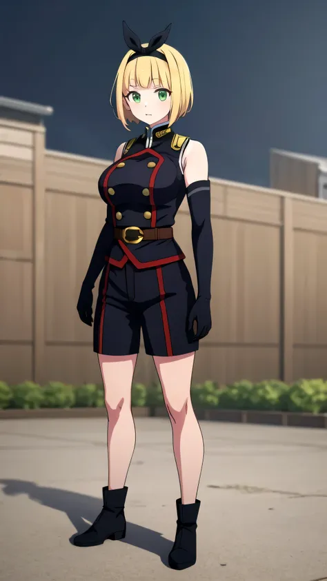 masterpiece, best quality, outdoors, Hands down, black sky background, uniform,  gloves, elbow gloves, belt, black gloves, shorts,  black shorts, Shushu Suruga, 1girl,  yellow hair, green eyes, looking at viewer, short hair, large breasts, hairband, bangs,...
