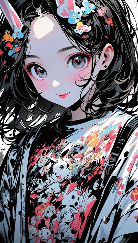 Create digital artwork in pop art style、Ink style、Drawing with black ink on white paper、We paid attention to every detail of the smiling bunny girl.。、Street Fashion、Surrounded by a retro bunny pattern、Black and white brushstrokes、Emotions must be dynamic、U...