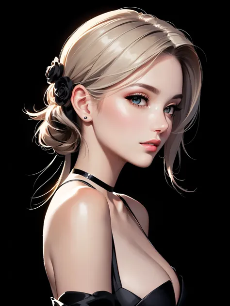 close-up of a woman with a black background and a black, elegant digital art, in the style of digital illustration, elegant digi...