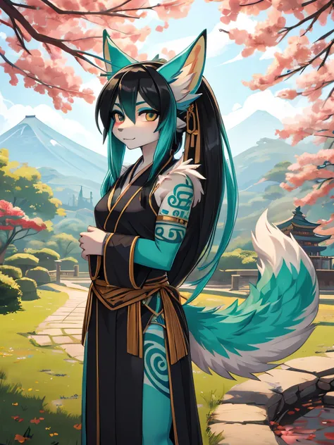 Miku hatsune,arabe, alta definicion, green body, black hair,orejas de kitsune, tribal tatoo, high school cute clothws, cute girl, 18 years old girl, park landscape, feudal sacerdotist costume, japanese landscape, tori begind 