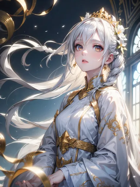 best quality, masterpiece,white hair, golden eyes,white clothes, look up, upper body,hair,white skin,side braids