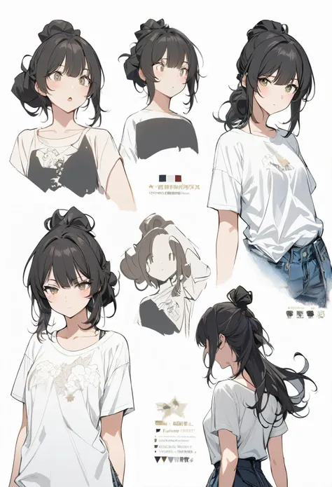 ((masterpiece)),(((best quality))),(character design sheet, same character, front, side, back), illustration, 1 girl, hair color, bangs, hairstyle fax, eyes, environment changeé scene, Hairstyle Fax, Pose Zitai, Female, Shirt Shangyi, Star, Charturnbetalor...