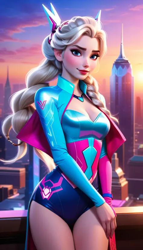 ((elsa and d.va merged:1.3)), merged, sexy, half body, metropolitan background, sunset, sexy attire, (high quality), (masterpiece), negative_hand