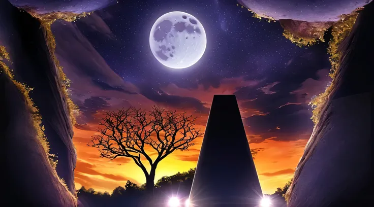 Fantastic space, night sky, moon and sun, one apple tree atop a hill at sunset, symmetry,