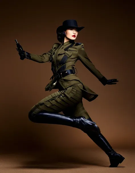 (Avant-garde and elegant tight combat suit：1.3），Fitness female soldier jumping with gun，Serge Lutens is known for his avant-garde elegance。His works continue to transcend the boundaries of traditional aesthetics，Combining elements of surrealism and futuris...