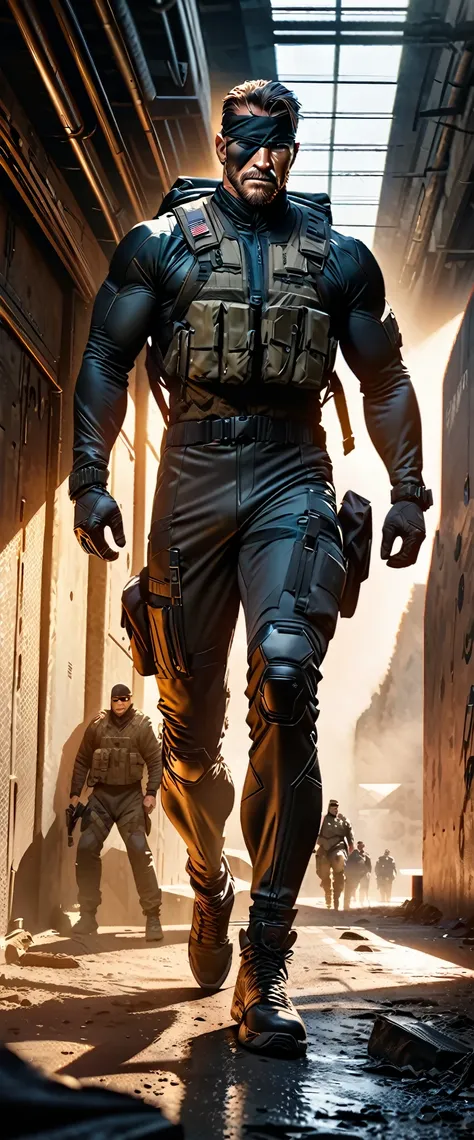 A highly athletic man in a tight combat suit, portraying the iconic Solid Snake character from the Metal Gear series, numerous detailed weapons on his person, sneaking around a guarded high-security military facility, extremely detailed, hyperrealistic, ci...