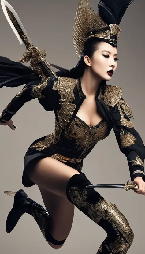 Female warrior jumping and running，(Wearing avant-garde and elegant tight combat uniform：1.3），Knife flying in the airing gun，，Serge Lutens is known for his avant-garde elegance。His works continue to transcend the boundaries of traditional aesthetics，Combin...