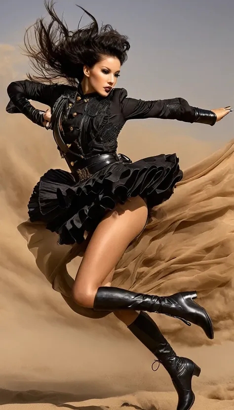 Female warrior jumping and running，(Wearing avant-garde and elegant tight combat uniform：1.3），，Knife flying in the airing gun，，Serge Lutens is known for his avant-garde elegance。His works continue to transcend the boundaries of traditional aesthetics，Combi...