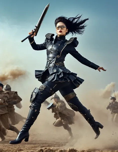 Female warrior jumping and running，(Wearing an avant-garde and elegant tight combat pants：1.3），Knife flying in the airing gun，Serge Lutens is known for his avant-garde elegance。His works continue to transcend the boundaries of traditional aesthetics，Combin...