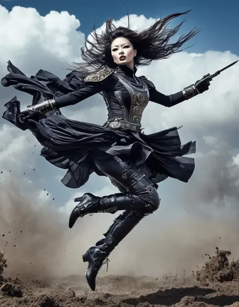 Female warrior jumping and running，(Wearing an avant-garde and elegant tight combat pants：1.3），Knife flying in the airing gun，Serge Lutens is known for his avant-garde elegance。His works continue to transcend the boundaries of traditional aesthetics，Combin...