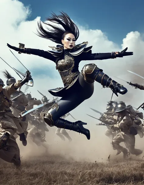 Female warrior jumping and running，(Wearing an avant-garde and elegant tight combat pants：1.3），Knife flying in the airing gun，Serge Lutens is known for his avant-garde elegance。His works continue to transcend the boundaries of traditional aesthetics，Combin...