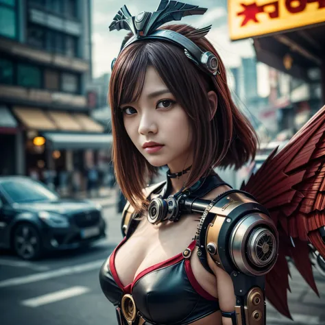 (top-quality:1.2, masterpiece)、ultra high resolution、extremely ultra surrealism, (Photorealsitic:1.4)、Raw photo、(Steampunk Battle Cyborg fallen angel)、、black porcelain body、red  hair、glowy skin、1 Cyborg girl、(mechanical frame:1.3)japanese, extremely cute f...