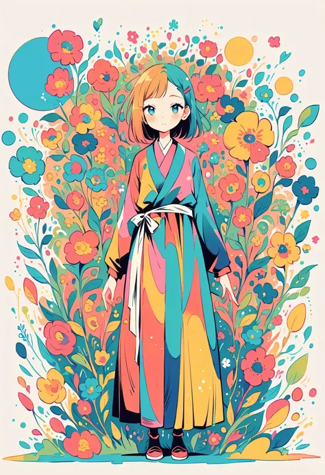 Watase Seizo style, Standing in front of a high wall，Simple Line Initialism，Abstract art，Urban Background, (((The most beautiful girl))), colorful flowers