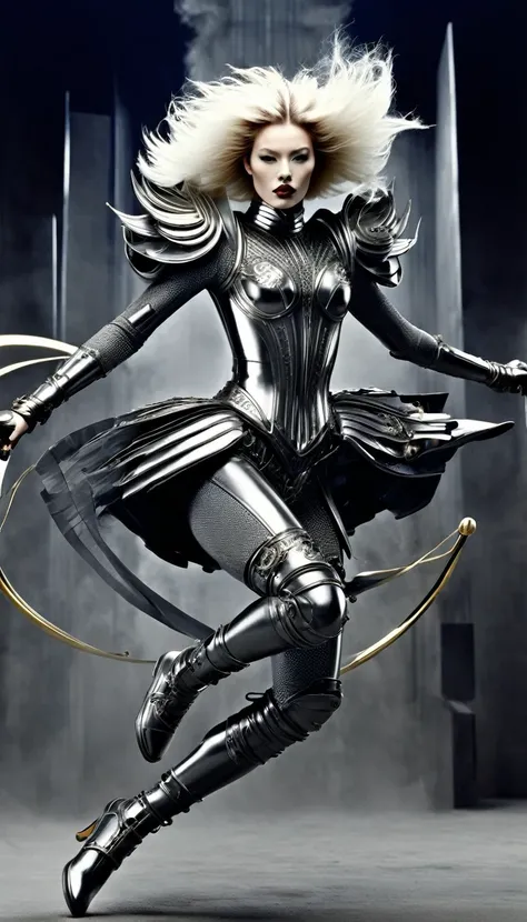 (Avant-garde and elegant tight combat suit design：1.3），Female warrior jumping and running，Sword and gun，Serge Lutens is known for his avant-garde elegance。His works continue to transcend the boundaries of traditional aesthetics，Combining elements of surrea...