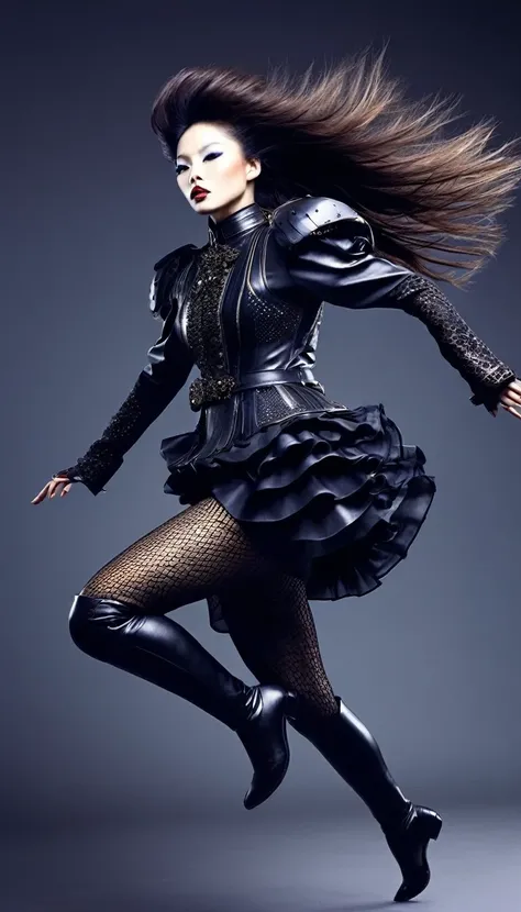 Female warrior jumping and running，(Wearing avant-garde and elegant tight combat uniform：1.3），，Knife flying in the airing gun，，Serge Lutens is known for his avant-garde elegance。His works continue to transcend the boundaries of traditional aesthetics，Combi...