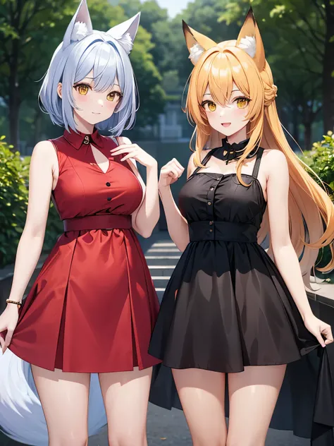 Two women,adult woman,standing,different hair colors, different hair lengths, different hair styles, short dresses, different dress colors, fox ears, fox tails, yellow eyes