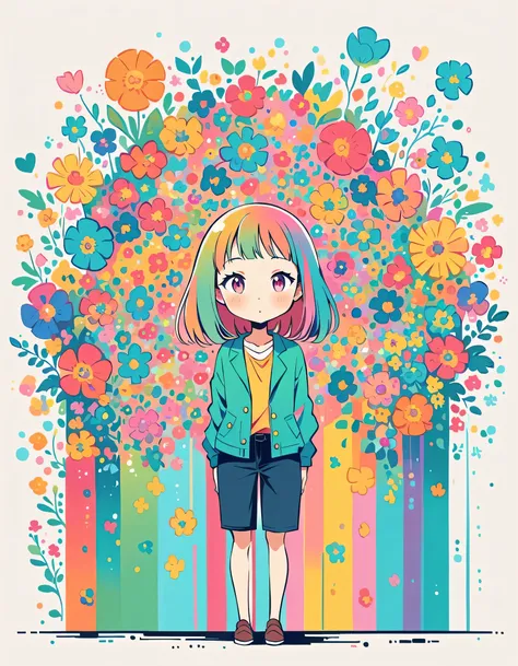 Watase Seizo style, Standing in front of a high wall，Simple Line Initialism，Abstract art，Urban Background, (((The most beautiful girl))), colorful flowers