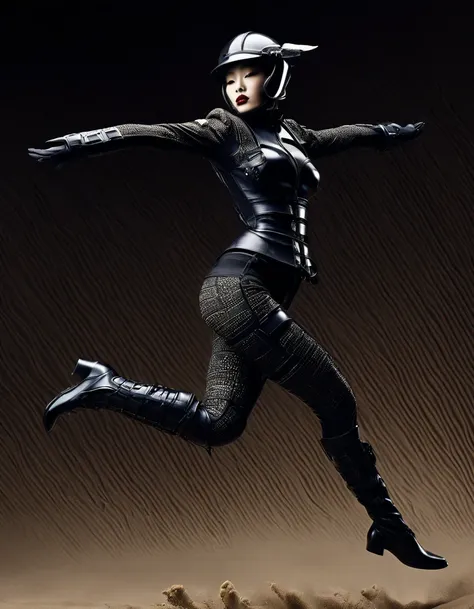 (avant-garde and elegant tight combat suit：1.3），fitness female soldier jumping with gun，serge lutens is known for his avant-gard...