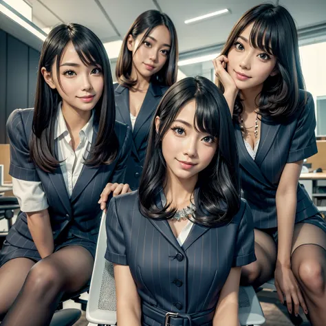 (best quality, masterpiece:1.5), (ultra-detailed, realistic:1.37),4K,(4girls:1.5),japanese,cute,beautiful,(striped office suits:1.3),(tight skirt),(black pantyhose:1.2),smile,