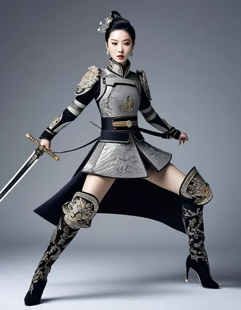 The female warrior is jumping and running with a big sword，(Wearing avant-garde and elegant tight combat uniform：1.3），（The Qinglong Yanyue Sword flying in the air），Serge Lutens is known for his avant-garde elegance。His works continue to transcend the bound...