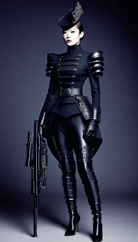 (avant-garde and elegant tight combat suit design：1.3），female soldier with gun，serge lutens is known for his avant-garde eleganc...