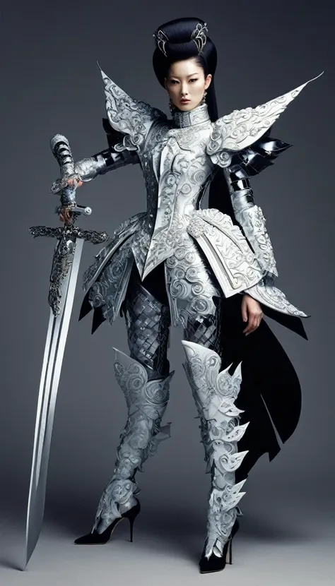 (avant-garde and elegant tight combat suit design：1.3），modern female warrior wielding a sword，serge lutens is known for his avan...