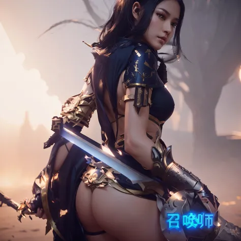 Arafad image of a woman holding a sword and sword, Game CG, g liulian art style, Blade and Soul, 一位美丽的Female Warrior, Female Warrior, Female knight in bikini armor, Wang Chen, The cover of a new video game, katana zero video game character, xianxia hero, P...