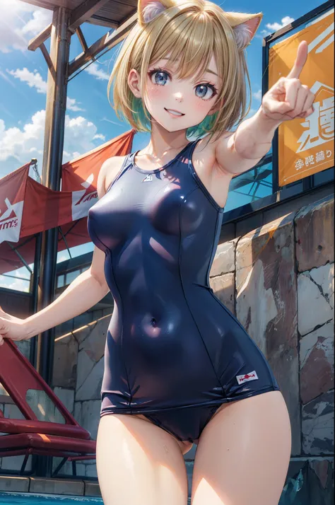 (E-10), (blue one-piece swimsuit,), Cheering, break, short hair, ((green hair1.5)), (cat ears a green), bob cut, (((4 defined fingers))), (((1 defined thumb))), (looking at viewer), break, sexy, ((solo)), (1 cute girl), ((highest quality)), ((masterpiece))...