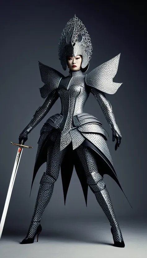 (avant-garde and elegant tight combat suit design：1.3），modern female warrior wielding a sword，serge lutens is known for his avan...