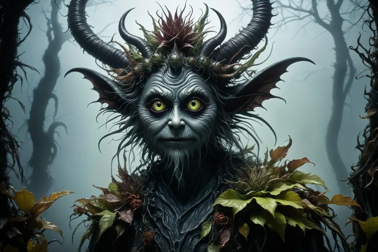  a graphite copper plant Krampus ,made of dead plants,a girl made of plants of Silent Hill, atmosphere with backlit,forest city chinesse pixie,A charming and fascinating creature with otherworldly forms that blend the best aspects of the monster human form...