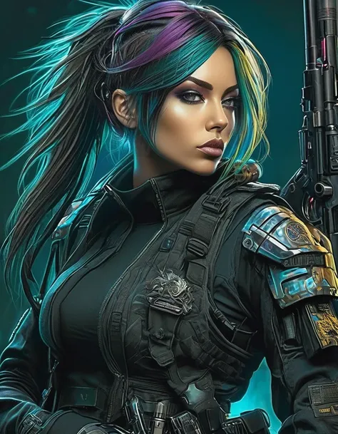 beautiful soldier with gun，tight combat clothing，cyberpunk，gothic，in style of amanda sage